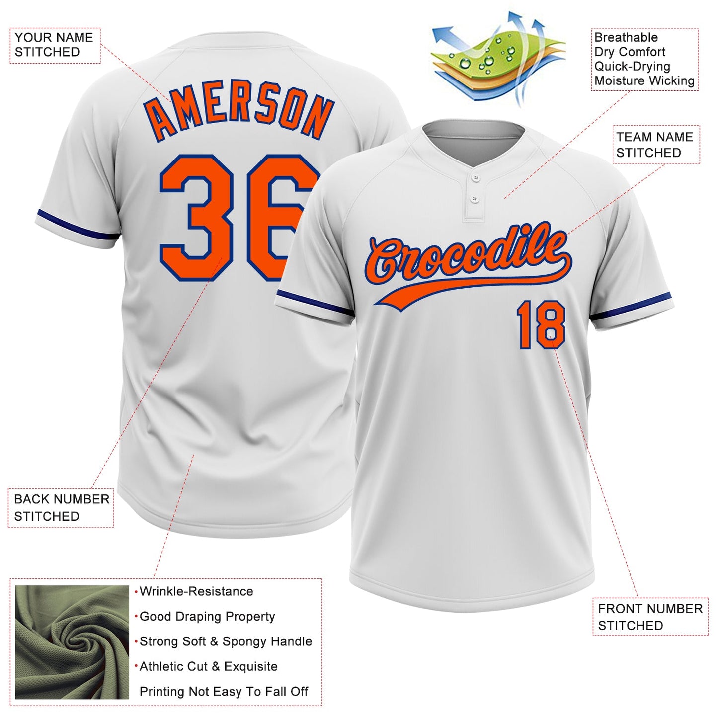 Custom White Orange-Royal Two-Button Unisex Softball Jersey