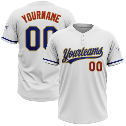 Custom White Royal Red-Old Gold Two-Button Unisex Softball Jersey
