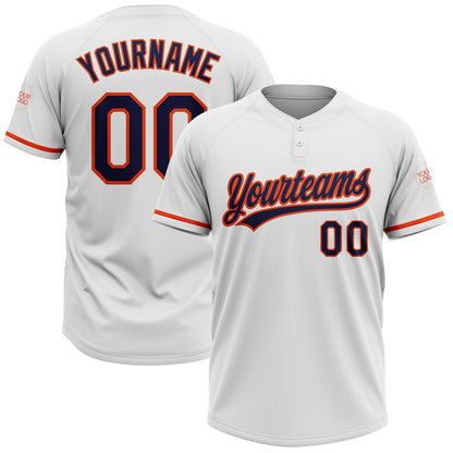 Custom White Navy-Orange Two-Button Unisex Softball Jersey