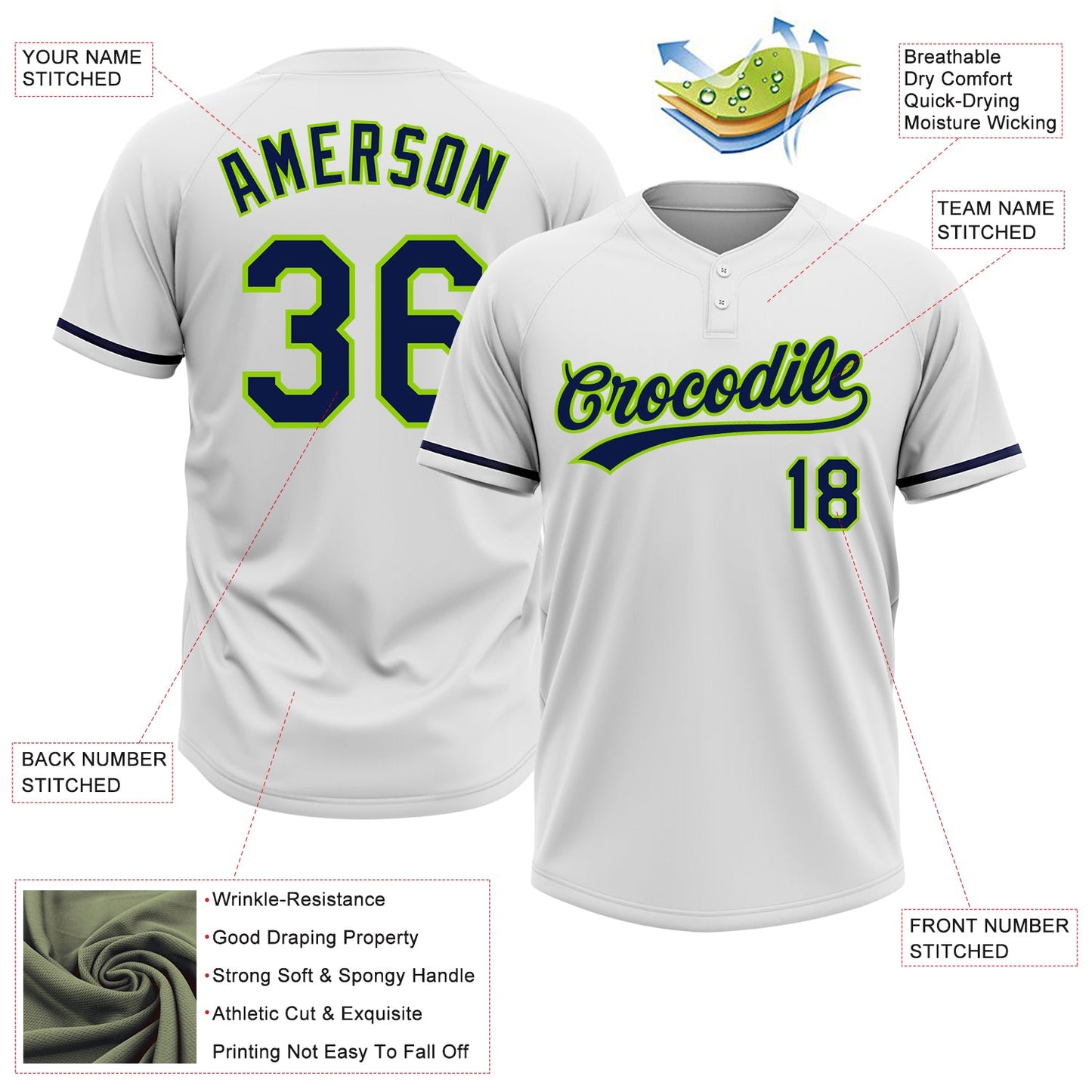 Custom White Navy-Neon Green Two-Button Unisex Softball Jersey