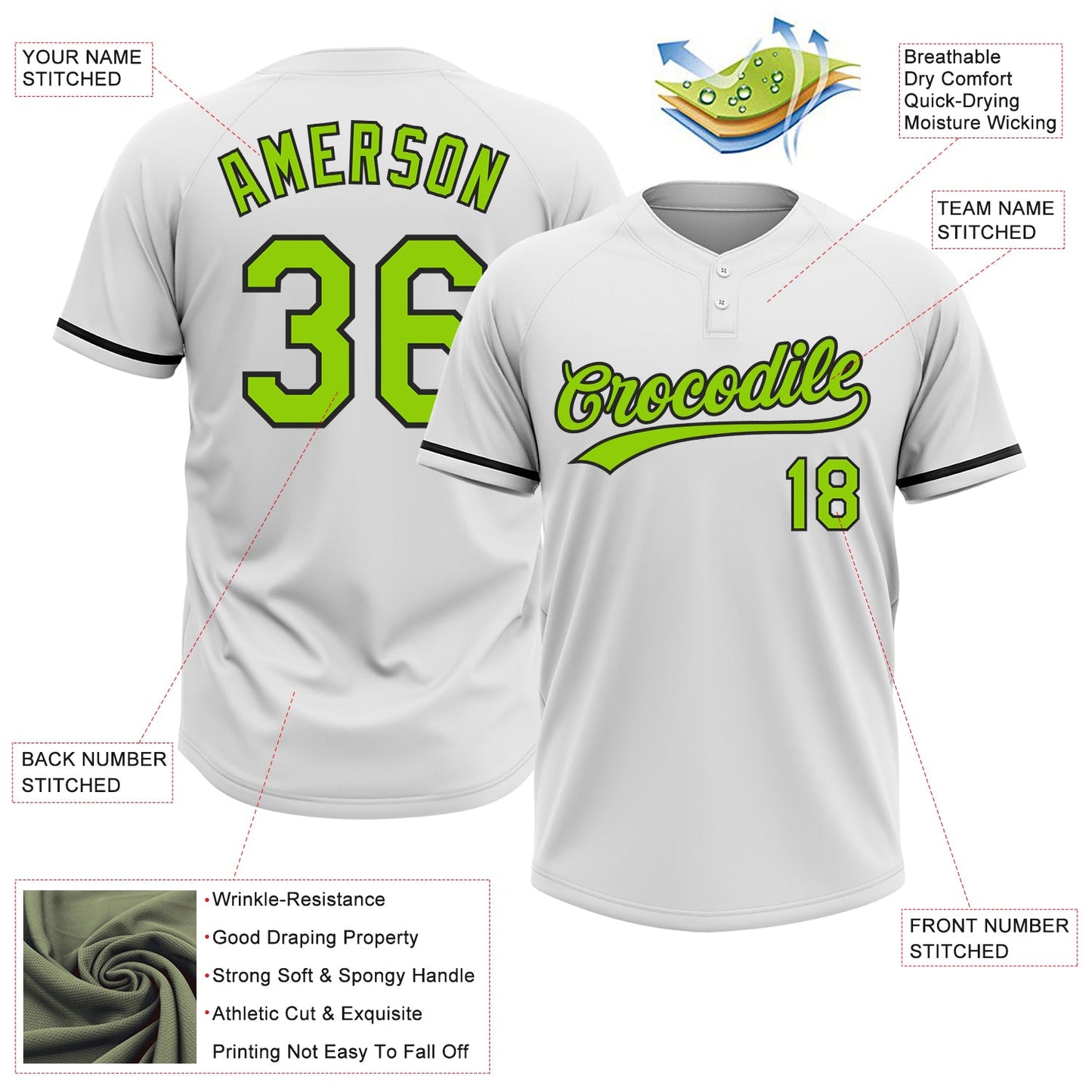 Custom White Neon Green-Black Two-Button Unisex Softball Jersey