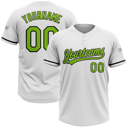 Custom White Neon Green-Black Two-Button Unisex Softball Jersey