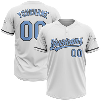 Custom White Light Blue-Steel Gray Two-Button Unisex Softball Jersey