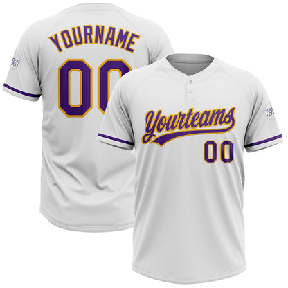 Custom White Purple-Gold Two-Button Unisex Softball Jersey