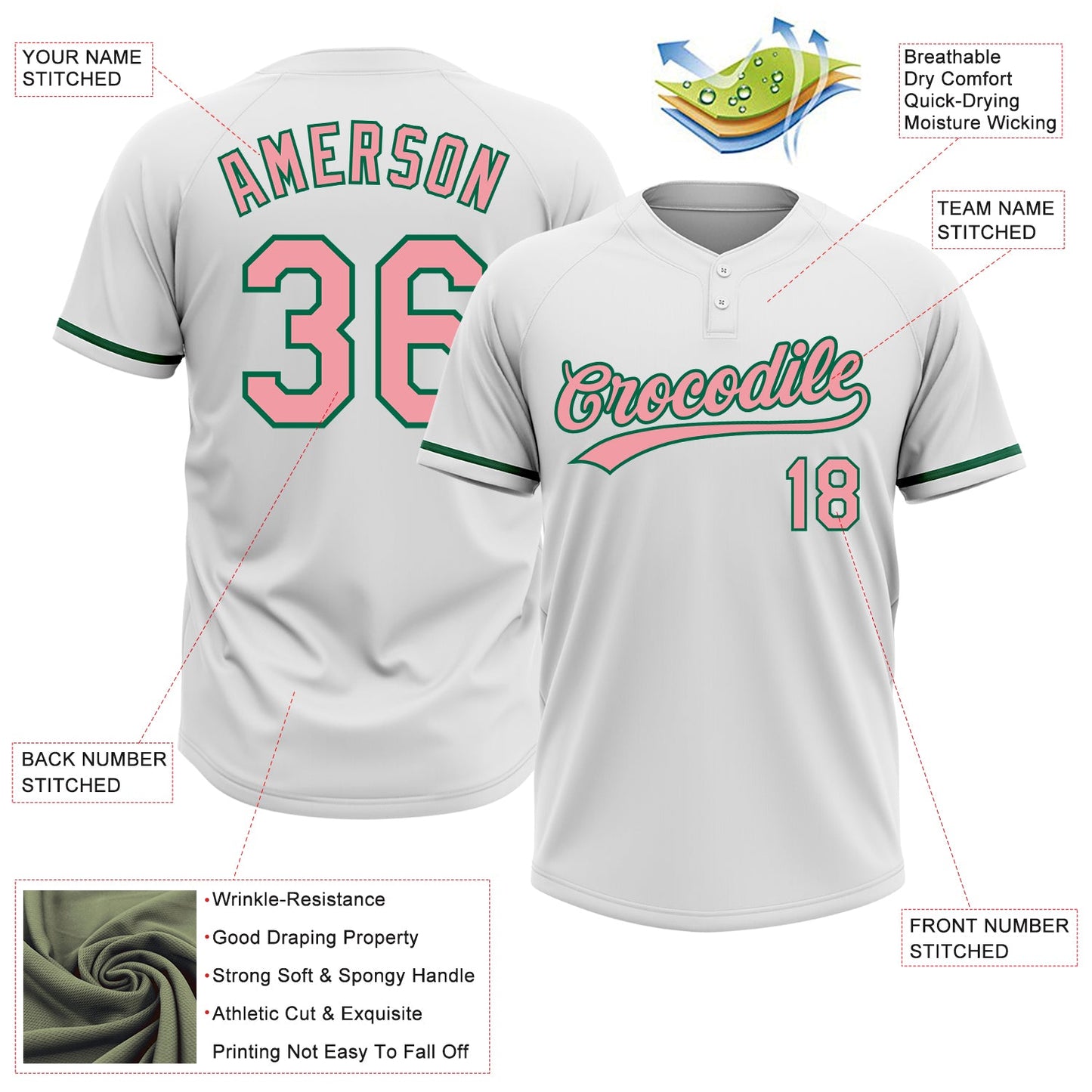 Custom White Medium Pink-Kelly Green Two-Button Unisex Softball Jersey