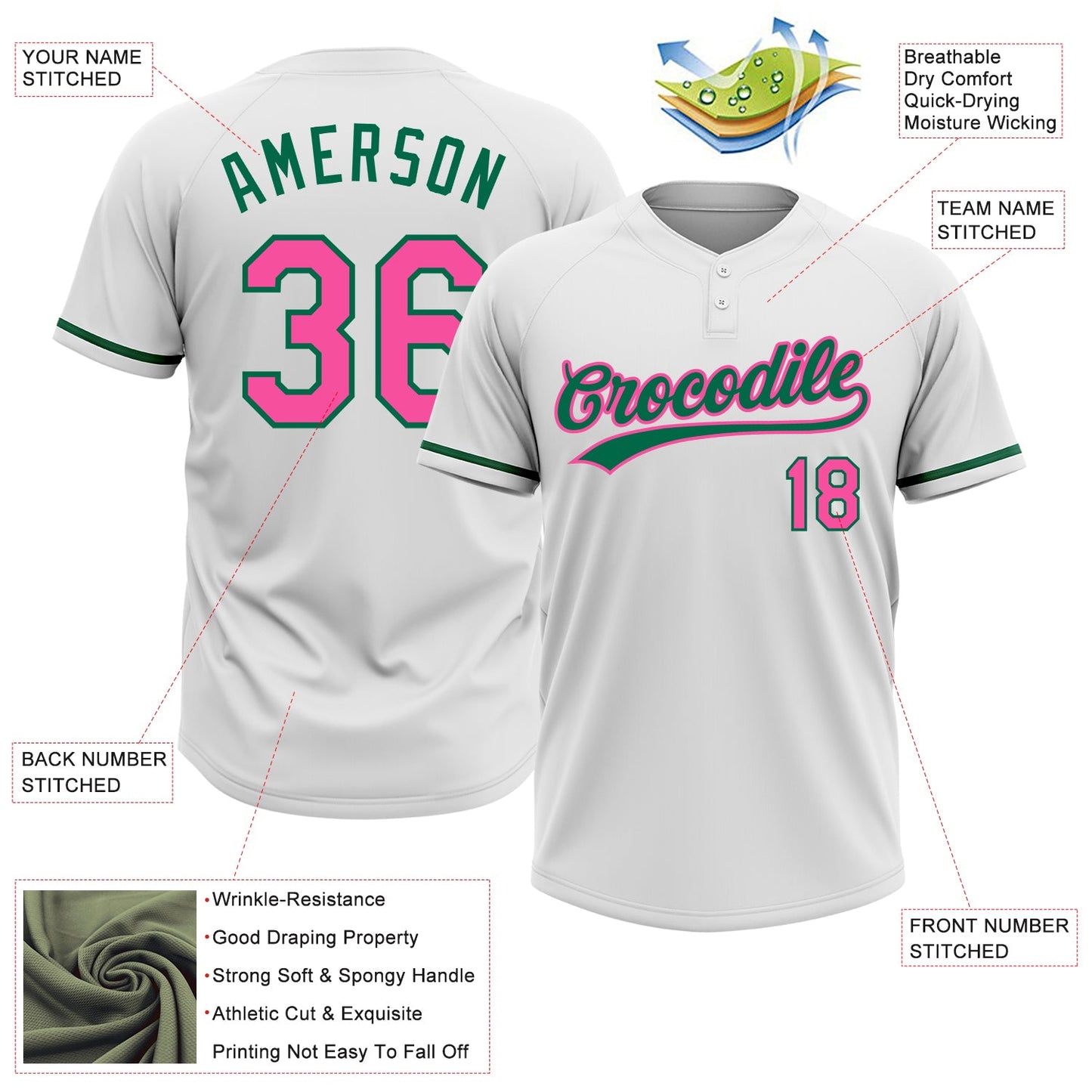 Custom White Pink-Kelly Green Two-Button Unisex Softball Jersey