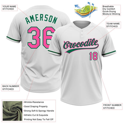 Custom White Pink-Kelly Green Two-Button Unisex Softball Jersey