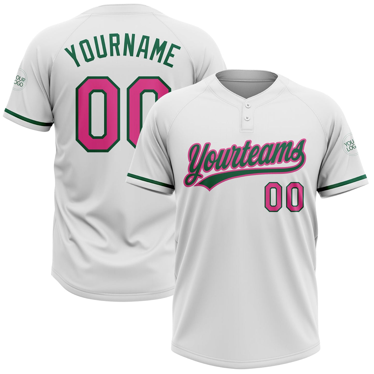 Custom White Pink-Kelly Green Two-Button Unisex Softball Jersey