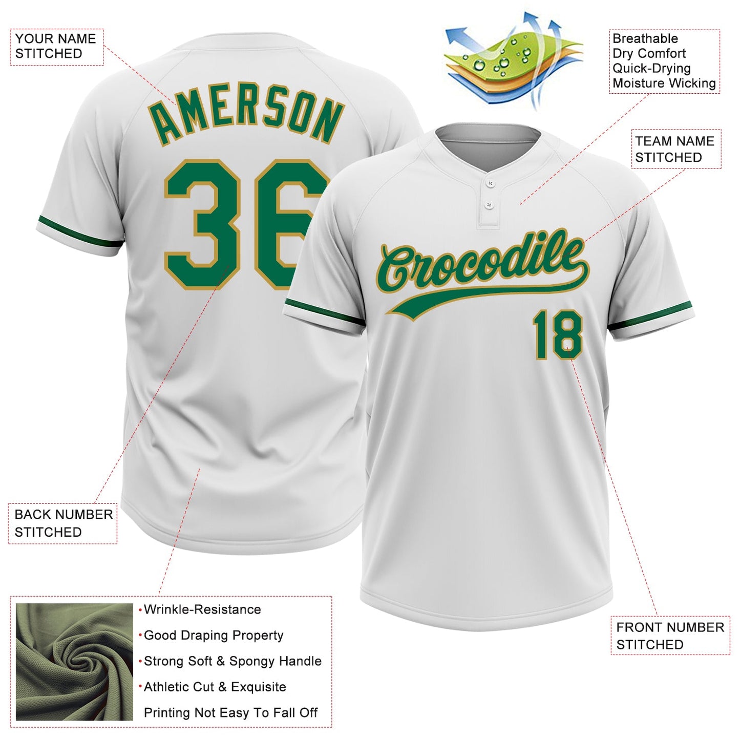 Custom White Kelly Green-Old Gold Two-Button Unisex Softball Jersey