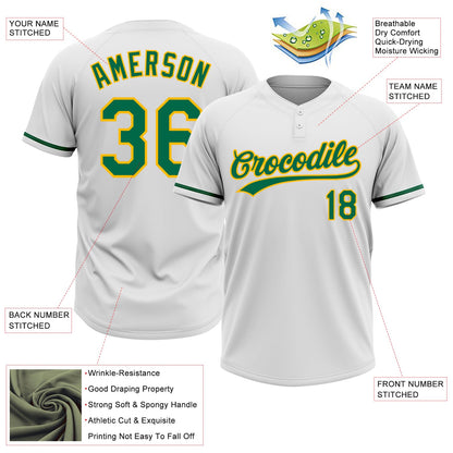 Custom White Kelly Green-Gold Two-Button Unisex Softball Jersey