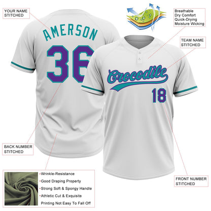 Custom White Purple-Teal Two-Button Unisex Softball Jersey