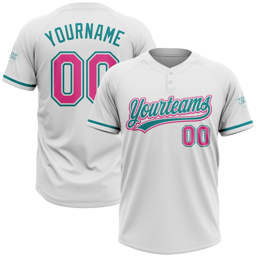Custom White Pink-Teal Two-Button Unisex Softball Jersey