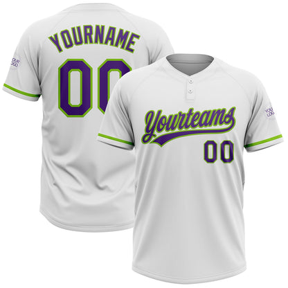 Custom White Purple-Neon Green Two-Button Unisex Softball Jersey