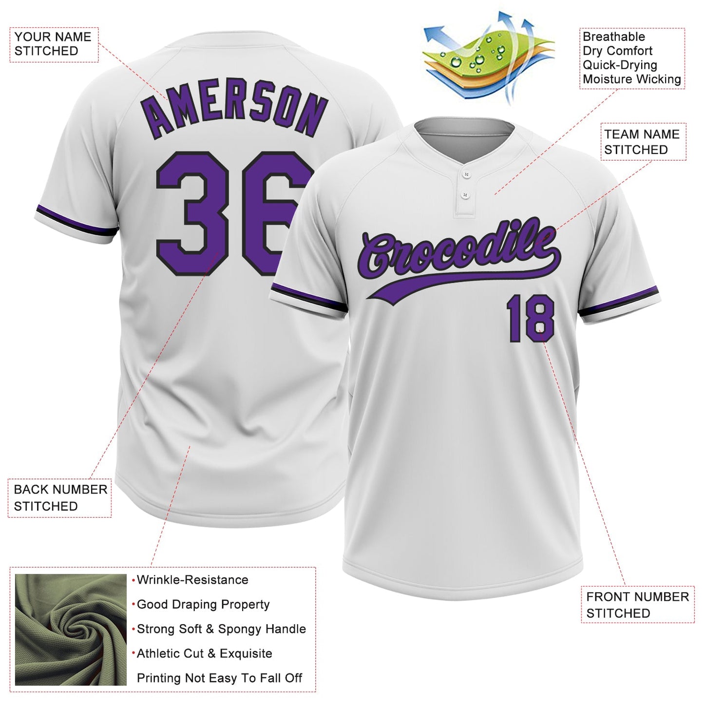 Custom White Purple-Black Two-Button Unisex Softball Jersey