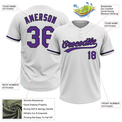 Custom White Purple-Black Two-Button Unisex Softball Jersey