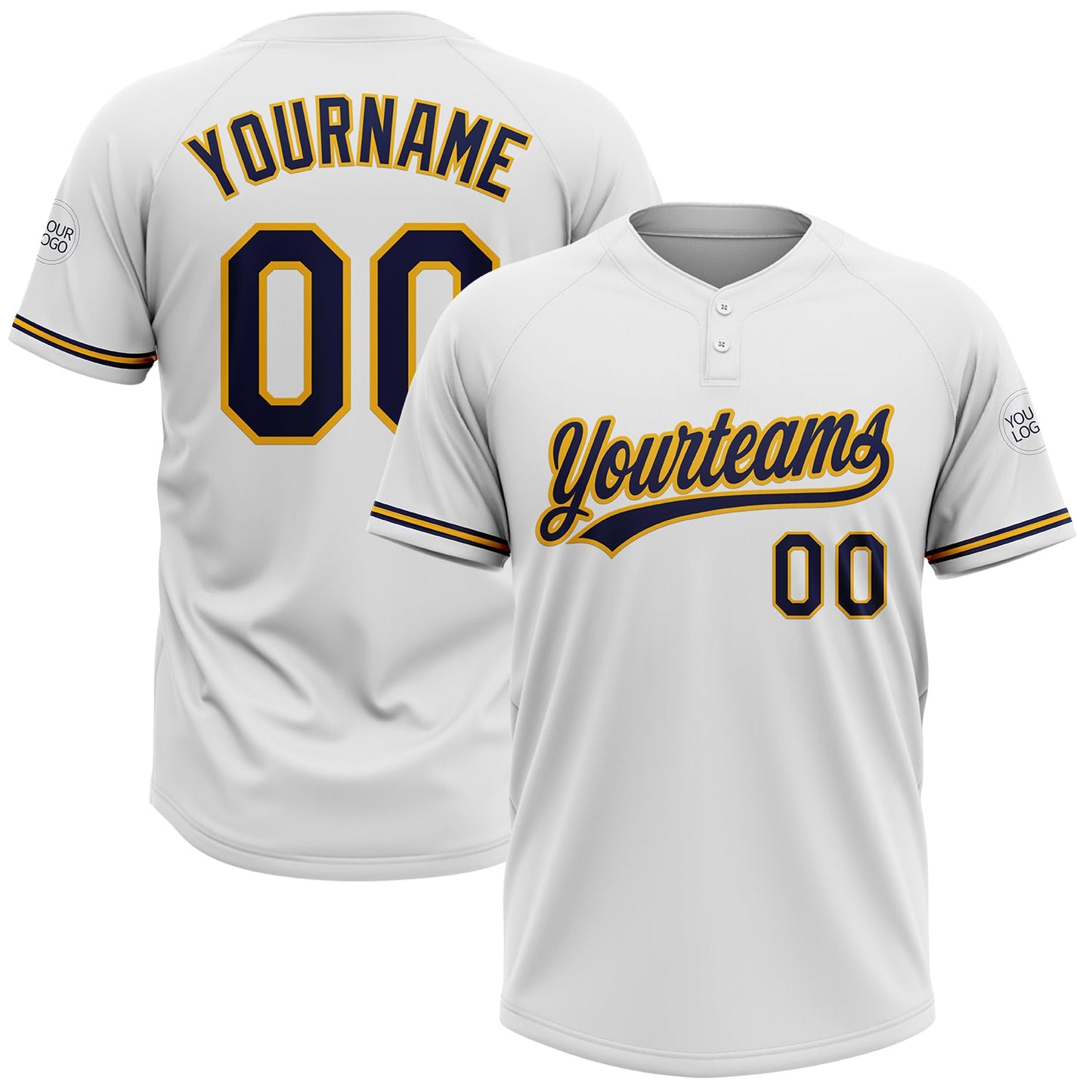 Custom White Navy-Gold Two-Button Unisex Softball Jersey