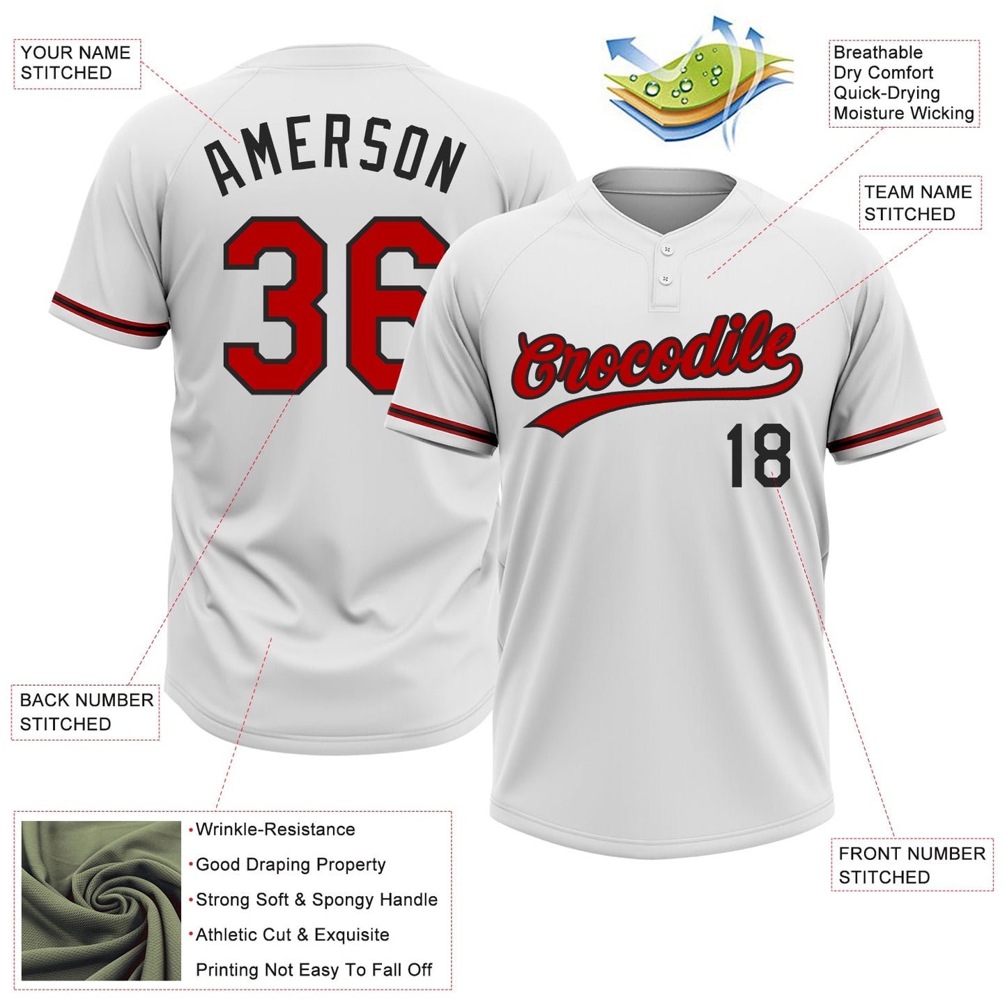 Custom White Red-Black Two-Button Unisex Softball Jersey