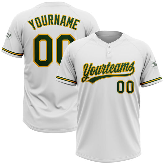 Custom White Green-Gold Two-Button Unisex Softball Jersey