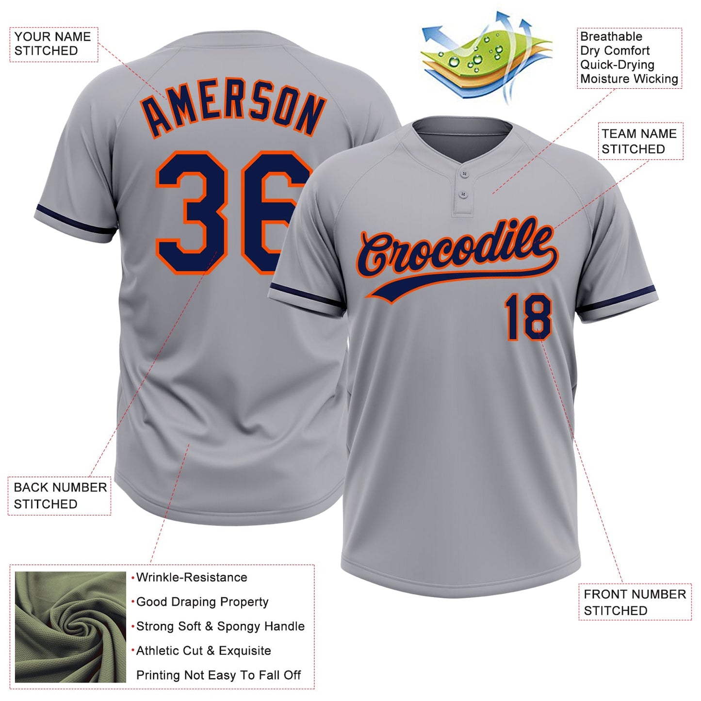 Custom Gray Navy-Orange Two-Button Unisex Softball Jersey