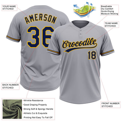 Custom Gray Navy-Gold Two-Button Unisex Softball Jersey