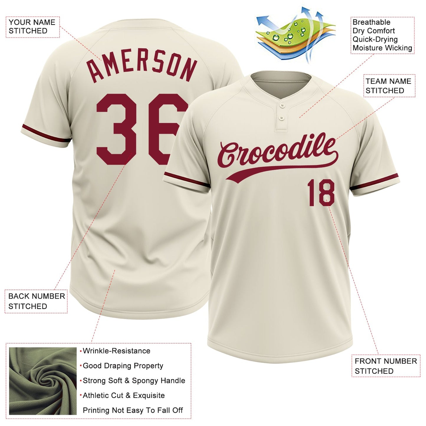 Custom Cream Crimson Two-Button Unisex Softball Jersey