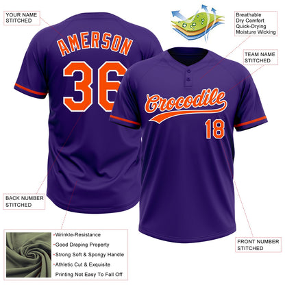 Custom Purple Orange-White Two-Button Unisex Softball Jersey