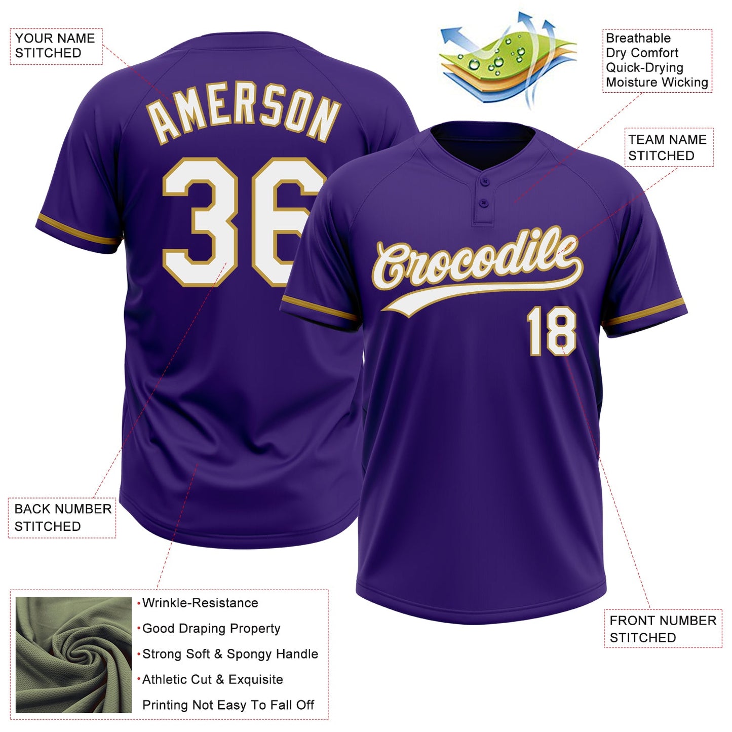 Custom Purple White-Old Gold Two-Button Unisex Softball Jersey