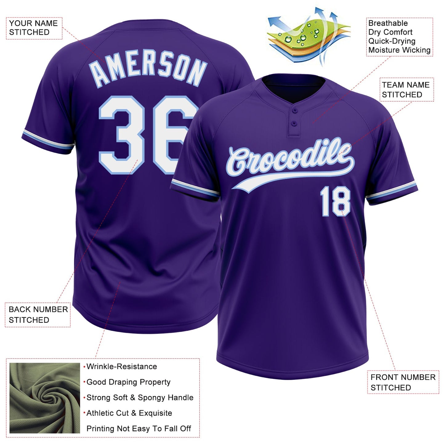 Custom Purple White-Light Blue Two-Button Unisex Softball Jersey