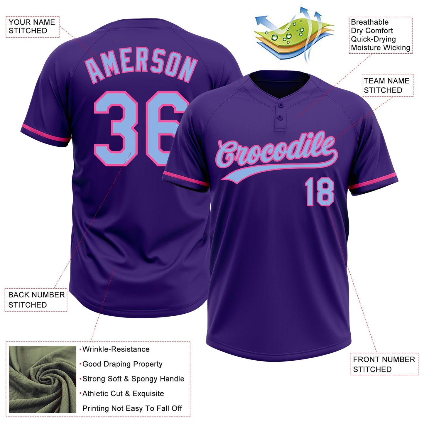 Custom Purple Light Blue-Pink Two-Button Unisex Softball Jersey