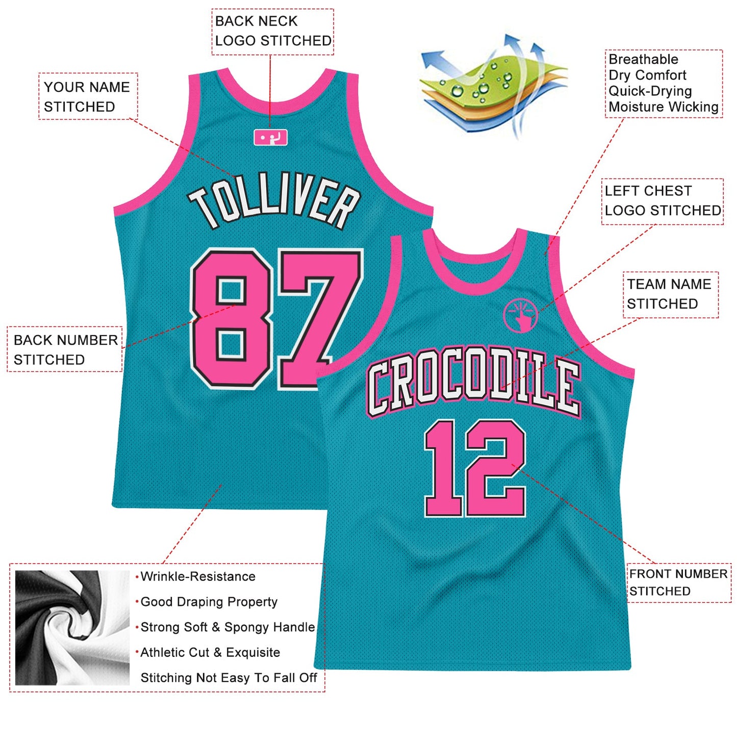 Custom Teal Pink-Black Authentic Throwback Basketball Jersey