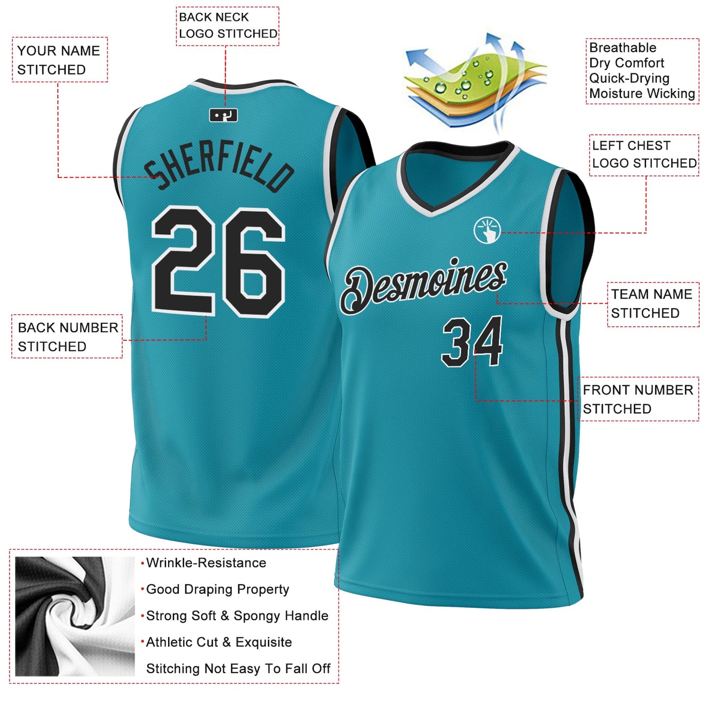 Custom Teal Black-Red Authentic Throwback Basketball Jersey