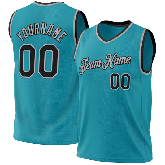 Custom Teal Black-Gray Authentic Throwback Basketball Jersey