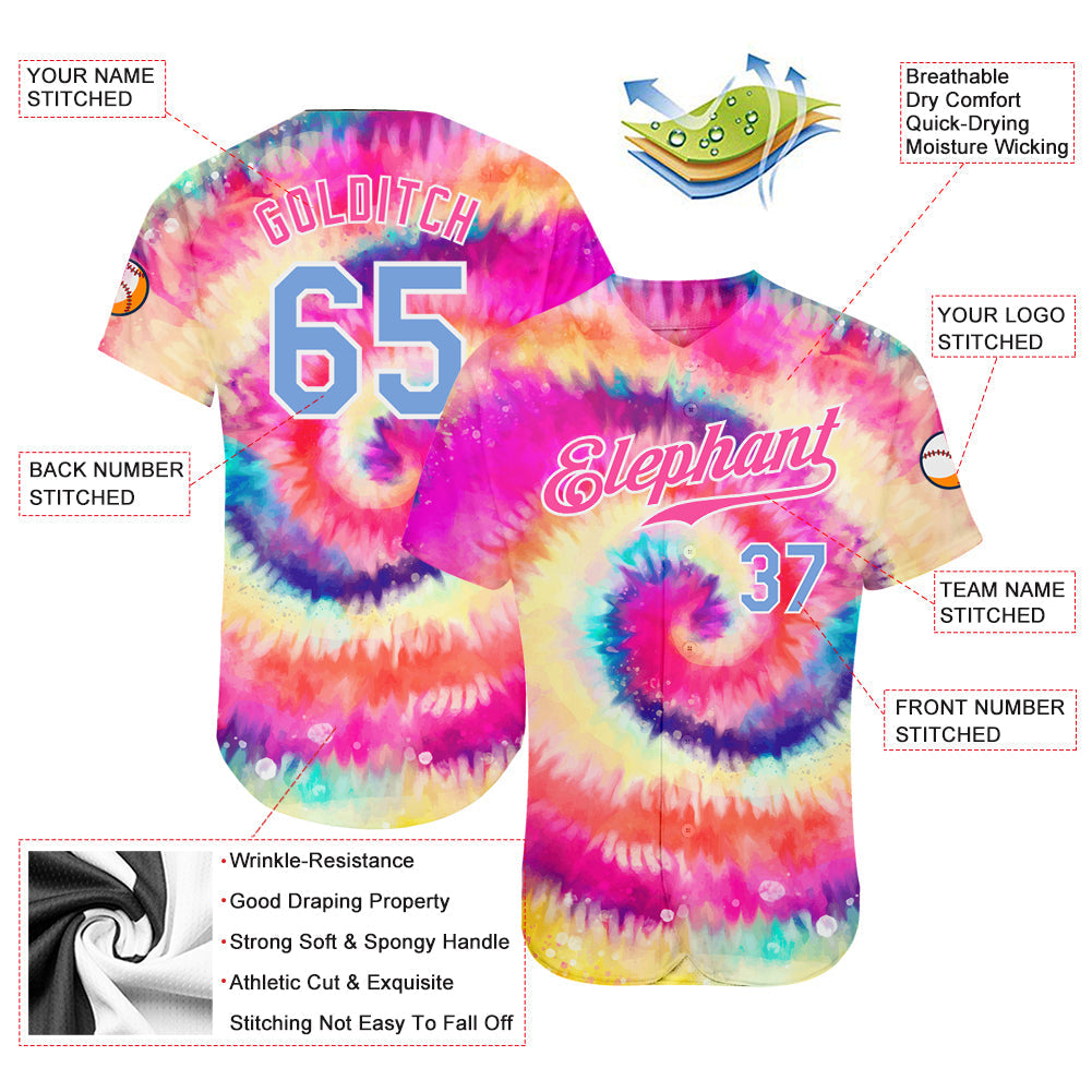 Custom Tie Dye Light Blue-White 3D Rainbow Authentic Baseball Jersey