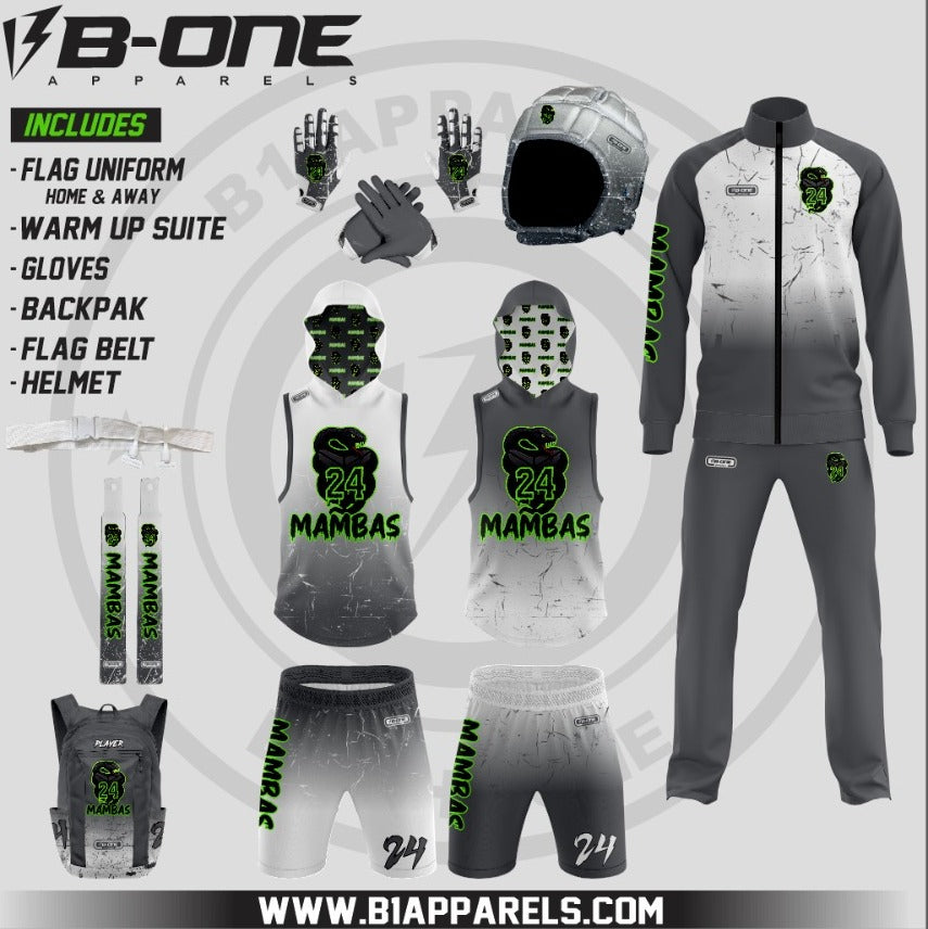 Mambas Elite 7v7 Player Package – Home & Away Hooded Uniforms, Warm-Up Suit (No Hood), Backpack, Soft Helmet, Gloves & Flag Belt