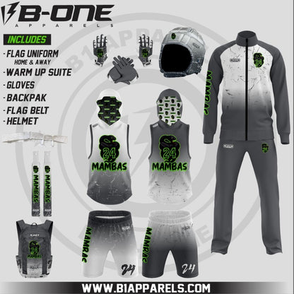 Mambas Elite 7v7 Player Package – Home & Away Hooded Uniforms, Warm-Up Suit (No Hood), Backpack, Soft Helmet, Gloves & Flag Belt