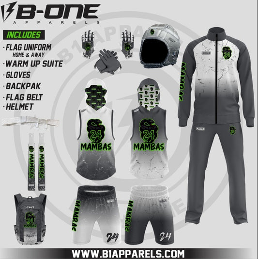Mambas Elite 7v7 Player Package – Home & Away Hooded Uniforms, Warm-Up Suit (No Hood), Backpack, Soft Helmet, Gloves & Flag Belt