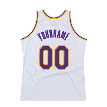 Custom White Purple-Gold Authentic Throwback Basketball Jersey