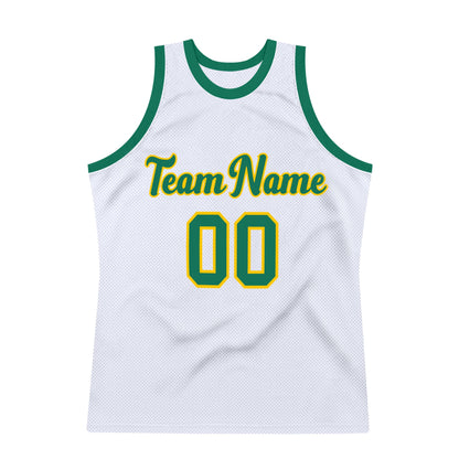 Custom White Kelly Green-Gold Authentic Throwback Basketball Jersey