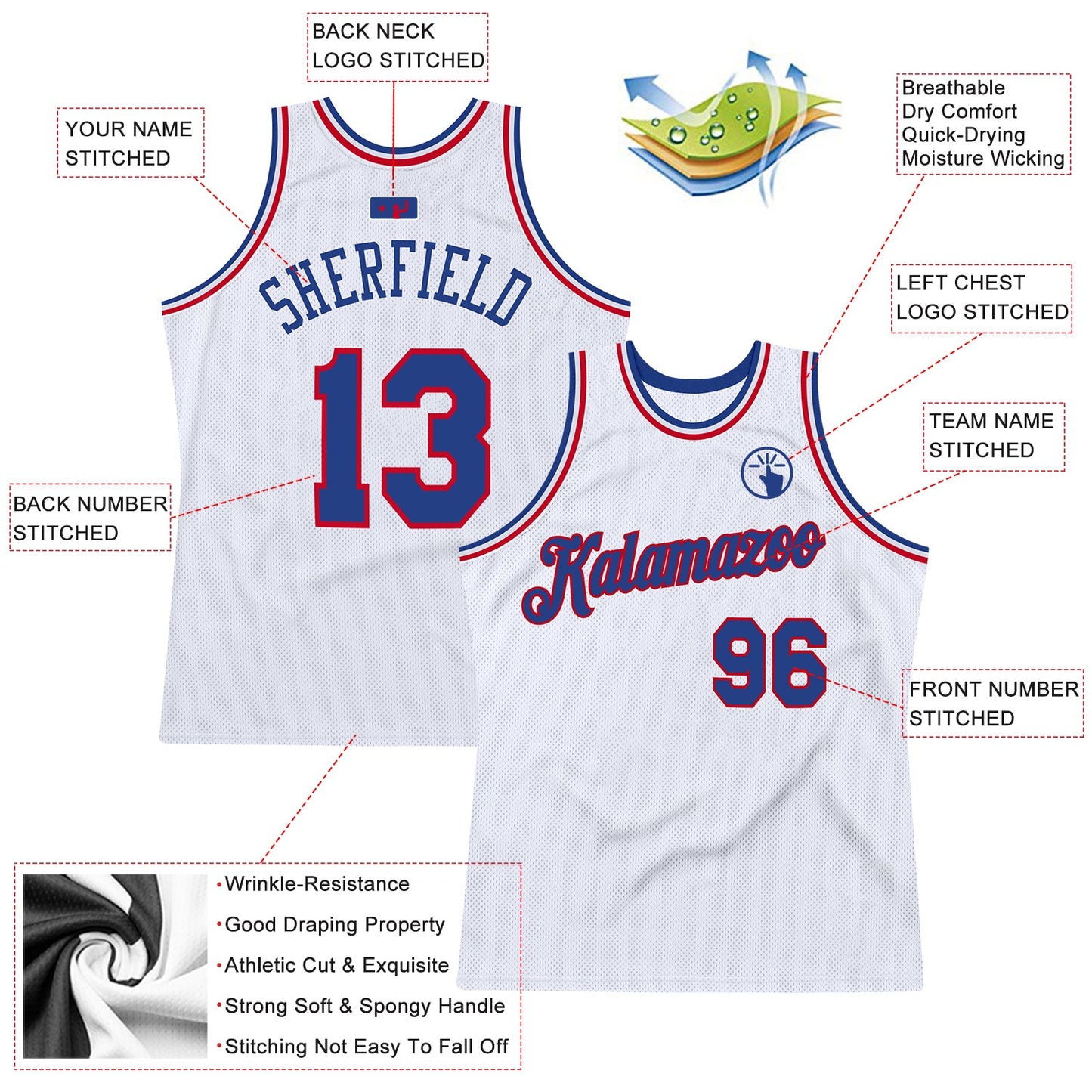 Custom White Royal-Red Authentic Throwback Basketball Jersey