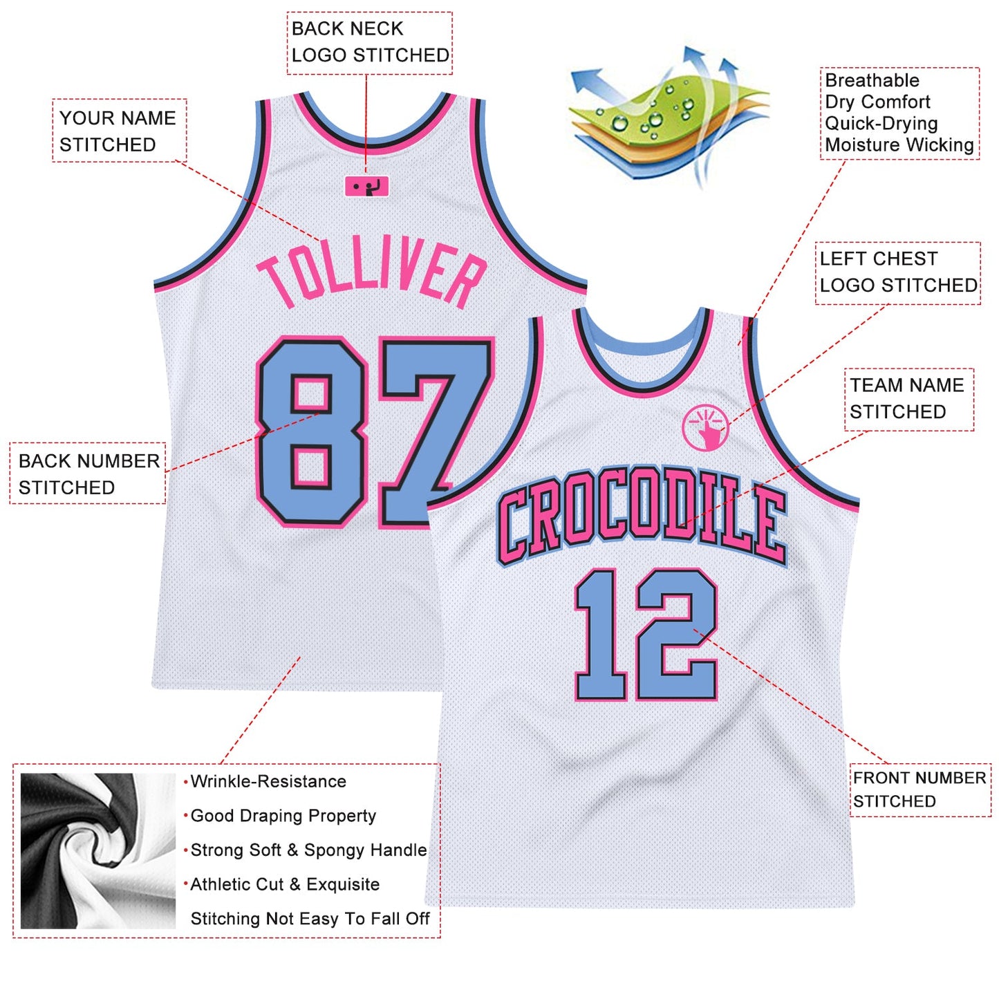 Custom White Light Blue-Pink Authentic Throwback Basketball Jersey