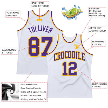 Custom White Purple-Gold Authentic Throwback Basketball Jersey