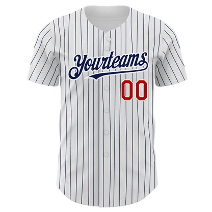 Custom White Navy Pinstripe Red Authentic Baseball Jersey