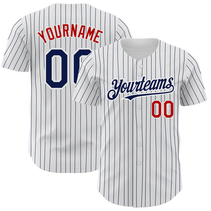 Custom White Navy Pinstripe Red Authentic Baseball Jersey