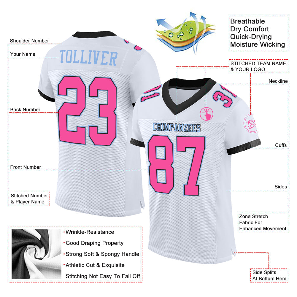 Custom White Pink Black-Light Blue Mesh Authentic Football Jersey