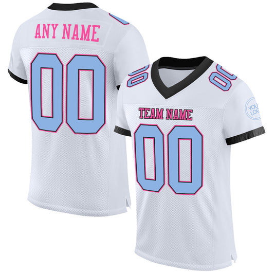 Custom White Light Blue Black-Pink Mesh Authentic Football Jersey