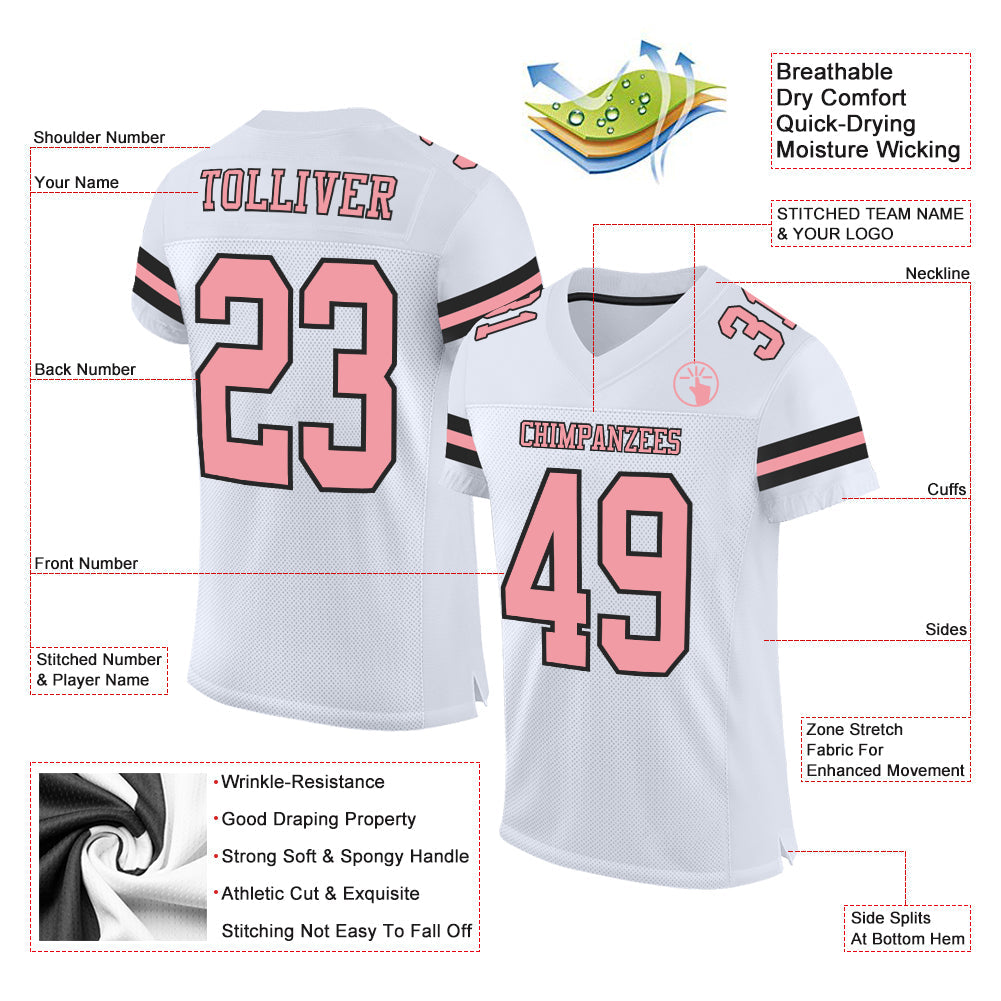 Custom White Medium Pink-Black Mesh Authentic Football Jersey