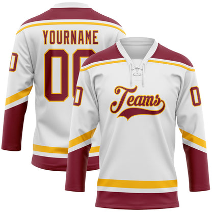 Custom White Crimson-Gold Hockey Lace Neck Jersey
