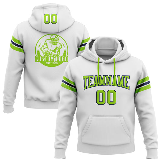 Custom Stitched White Neon Green-Navy Football Pullover Sweatshirt Hoodie