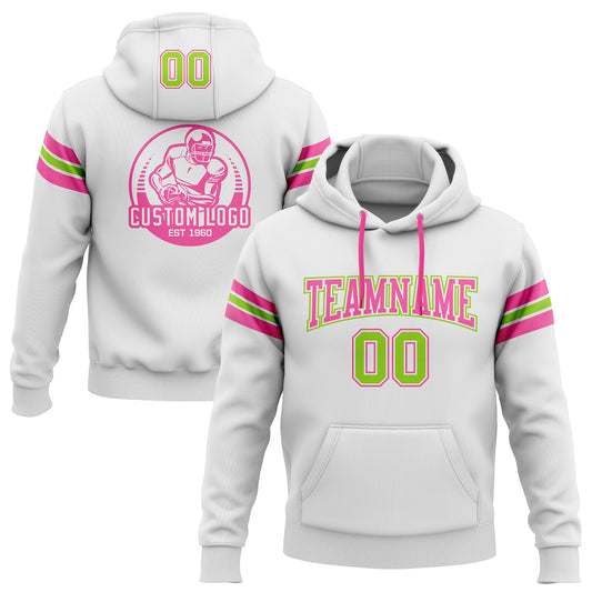 Custom Stitched White Neon Green-Pink Football Pullover Sweatshirt Hoodie