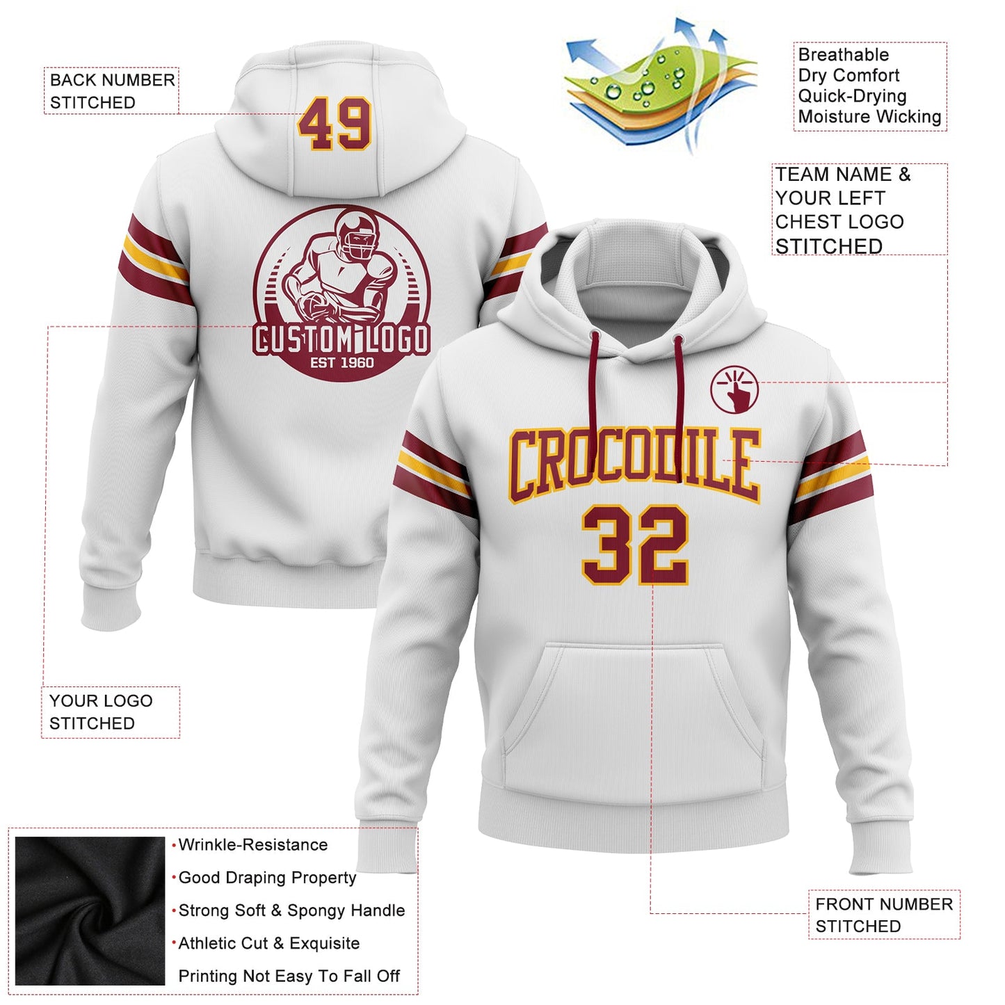 Custom Stitched White Crimson-Gold Football Pullover Sweatshirt Hoodie